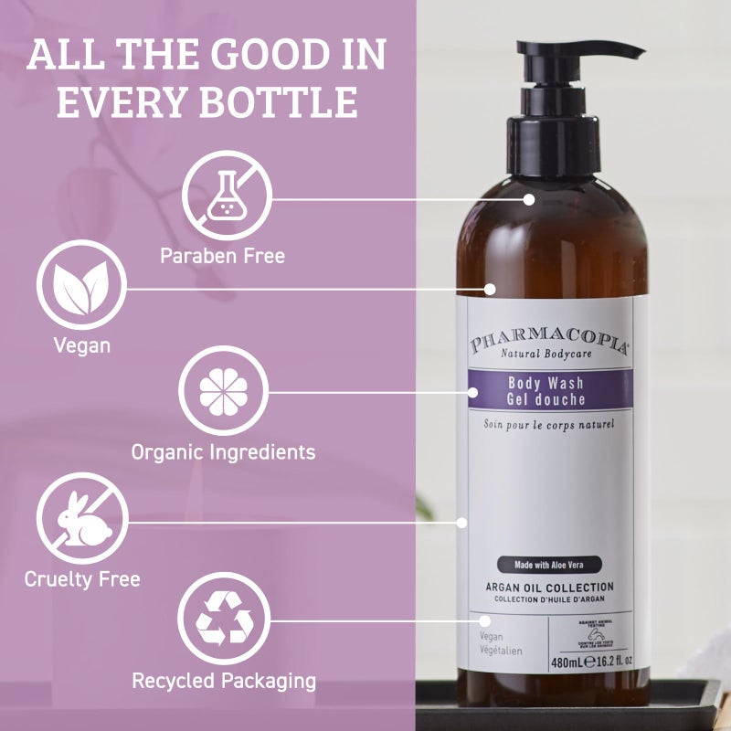 Pharmacopia Hotel Argan Oil Body Wash - Vegan Moisturizing Shower Gel with Aloe Vera, Coconut Oil and Green Tea Extract - Natural, Organic and Cruelty-Free Skin Care for Men and Women, 16.2 oz - Image 3