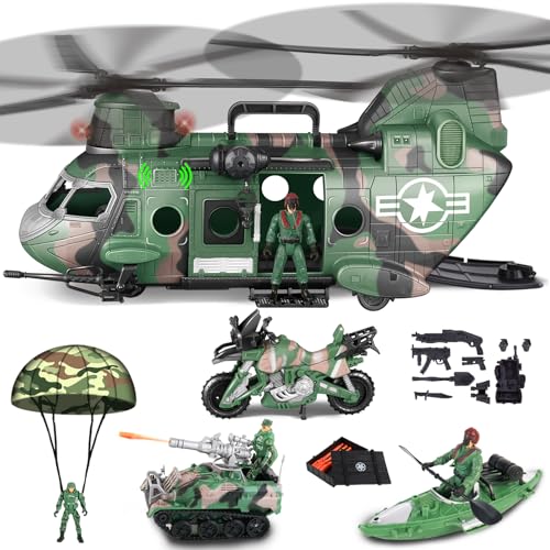 deAO Military Helicopter Toys Set Army Men Playset Army Toys with Army Tank Soldier Action Figures Motorcycle Combat Truck Aircraft with LightsSound Christmas Birthday Gifts for Kids Boys - Image 1