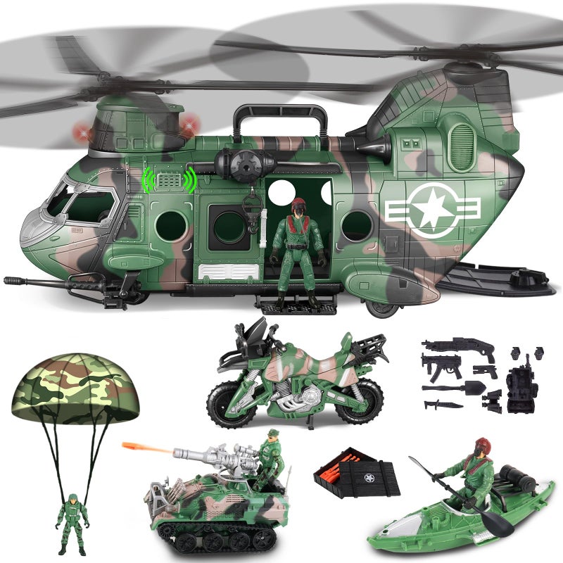deAO Military Helicopter Toys Set Army Men Playset Army Toys with Army Tank Soldier Action Figures Motorcycle Combat Truck Aircraft with LightsSound Christmas Birthday Gifts for Kids Boys - Image 3