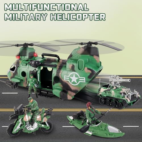 deAO Military Helicopter Toys Set Army Men Playset Army Toys with Army Tank Soldier Action Figures Motorcycle Combat Truck Aircraft with LightsSound Christmas Birthday Gifts for Kids Boys - Image 5
