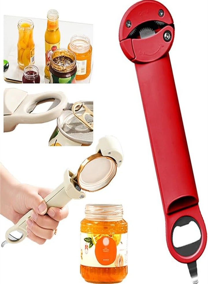 Adjustable can opener bottle opener, suitable for most sizes, labor-saving and convenient to use, jar lid remover, stainless steel gear, home restaurant, camping bar, suitable for weak hands, arthritic hands, red 1pc - Image 1