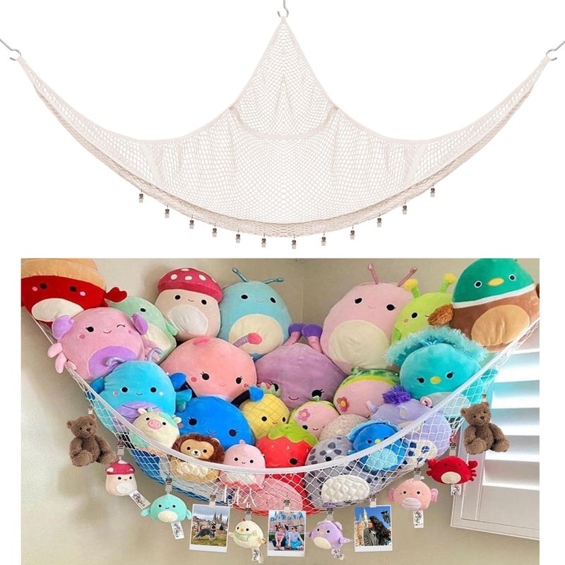 Kangaroo Stuffed Animal Storage Hammock, Corner Hanging Toy Organizer, Stuffed Animal Storage | Easy to Hang Plushie Net - Included Anchors & Hooks | for Toy Room, Nursery Bedroom & Home Decor (White) - Image 1