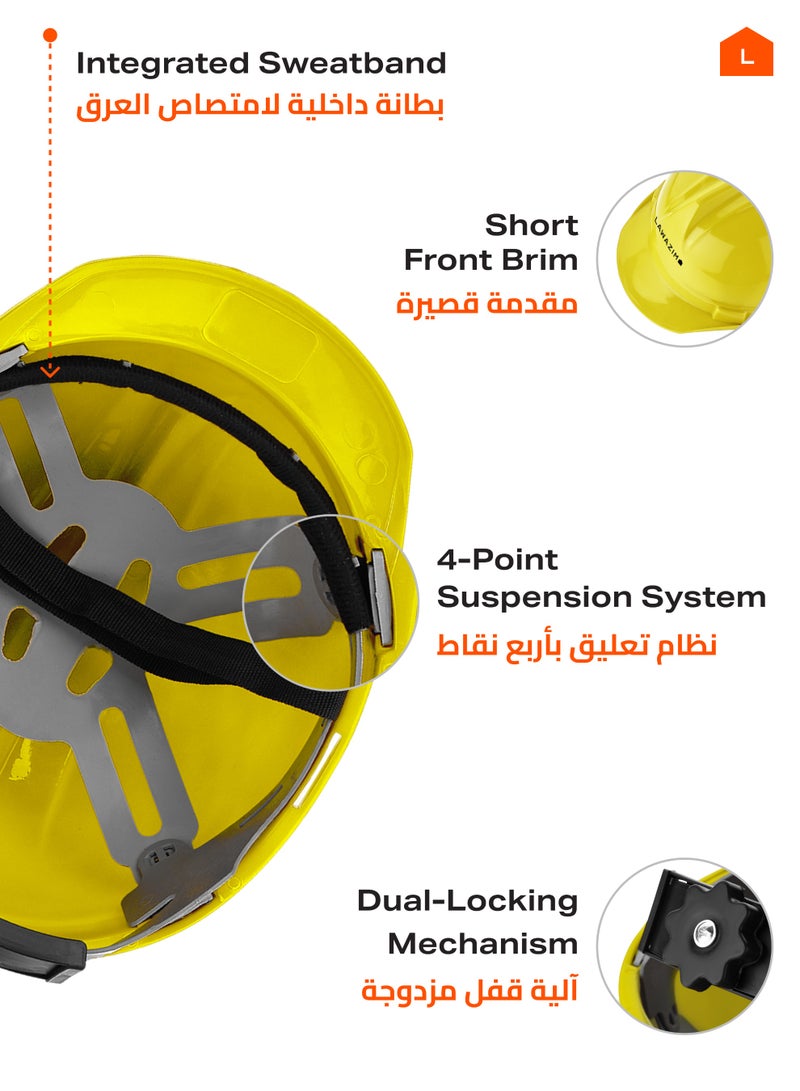 LAWAZIM Deluxe Safety Helmet - Yellow - HDPE Hard Hat with Reinforced Shell, 4-Point Suspension, Sweatband, and Adjustable Chin Strap - Ideal for Construction, Industrial, Warehouse, and Maintenance Use - Image 3