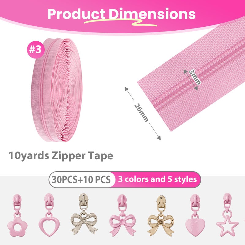 Mylbeter #3 Nylon Coil Zippers by The Yards Pink Bulk Zippers 10 Yards with 40PCS Sliders Continuous Zipper Tape for DIY Bag Clothing Sewing Crafts Gold Pull Sliver Slider Zipper for Bags and Purses - Image 5