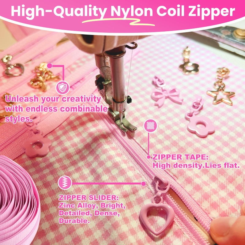 Mylbeter #3 Nylon Coil Zippers by The Yards Pink Bulk Zippers 10 Yards with 40PCS Sliders Continuous Zipper Tape for DIY Bag Clothing Sewing Crafts Gold Pull Sliver Slider Zipper for Bags and Purses - Image 2