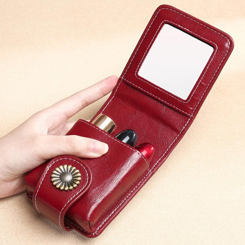 Lipsticks Carrying Pouch with Built-in Mirror Pu Leather Small Lipstick Case Portable Organizer Bag for Travel and Daily Use in Wine Red - Image 5