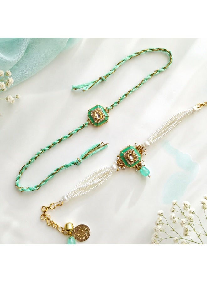 Bhaiya-Bhabhi Rakhi Set with Green Thread & Beaded Bracelet
