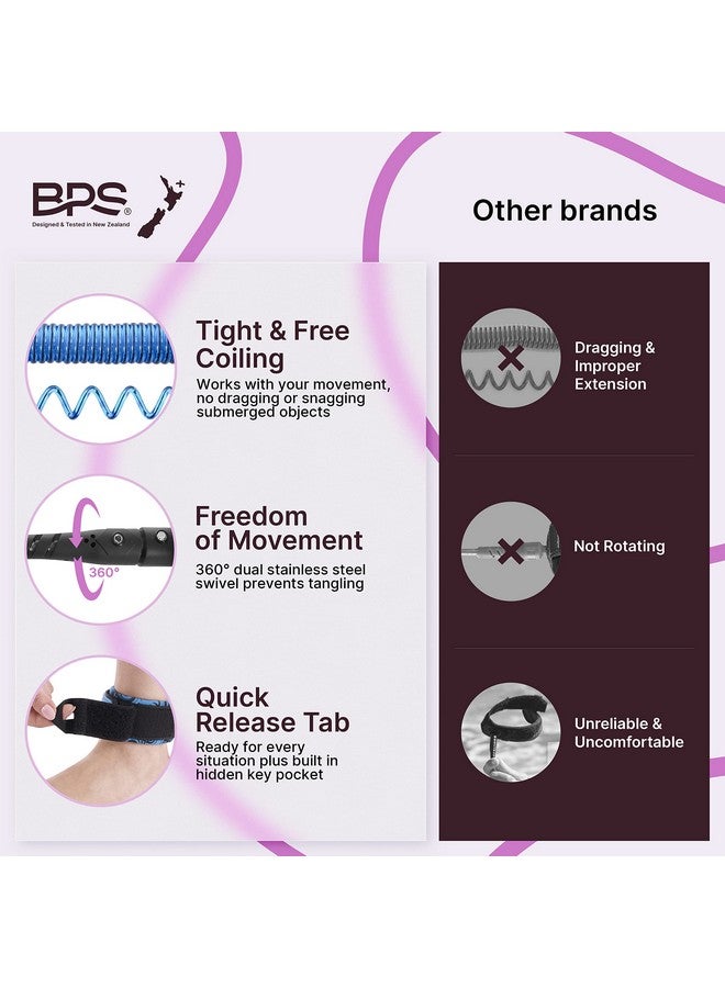 BPS 'ستورم' حبل الساق الملفوف خفيف الوزن 10 أقدام مع حلقتين دوارتين من الفولاذ المقاوم للصدأ و جيب مخفي للمفتاح للوحة التزلج الطويلة و لوحة التجديف (كورو أزرق داكن) - Image 3