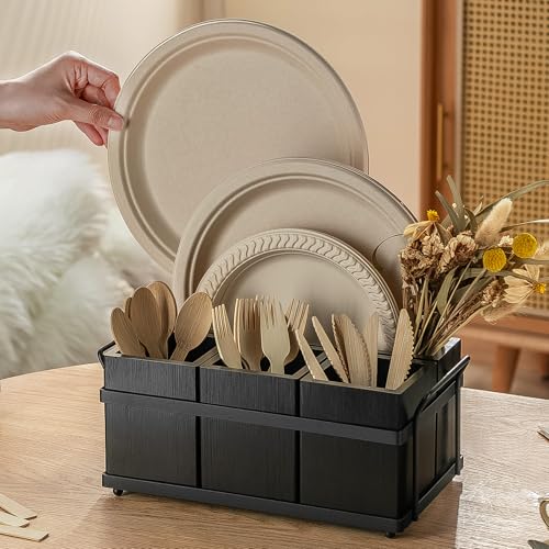 PTSTING Silverware Caddy Black Wood Silverware Holder Paper Plate Dispenser Utensil Caddy Cutlery Flatware Organizer Box for Spoons Forks Plates Napkins - Image 2