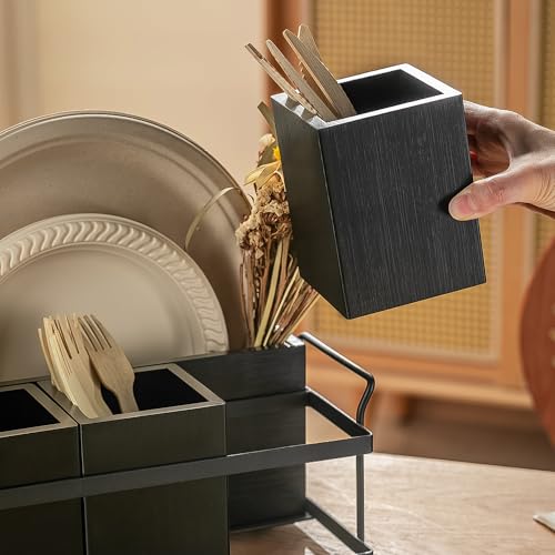 PTSTING Silverware Caddy Black Wood Silverware Holder Paper Plate Dispenser Utensil Caddy Cutlery Flatware Organizer Box for Spoons Forks Plates Napkins - Image 5