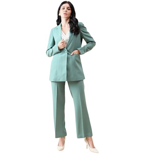 Powersutra Women's Sage Green Notch Collar Stretch Suit with Blazer & Trousers | Single-Breasted | Button Closure | Elastic Waist Pants - Image 1