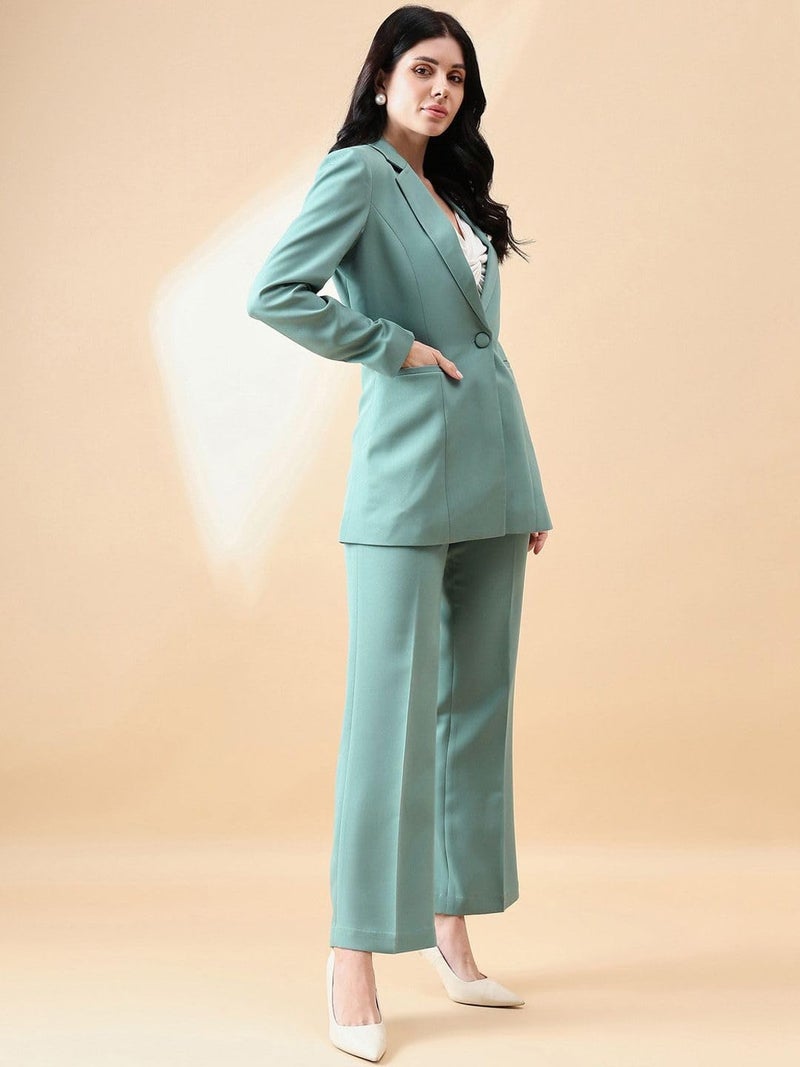 Powersutra Women's Sage Green Notch Collar Stretch Suit with Blazer & Trousers | Single-Breasted | Button Closure | Elastic Waist Pants - Image 5