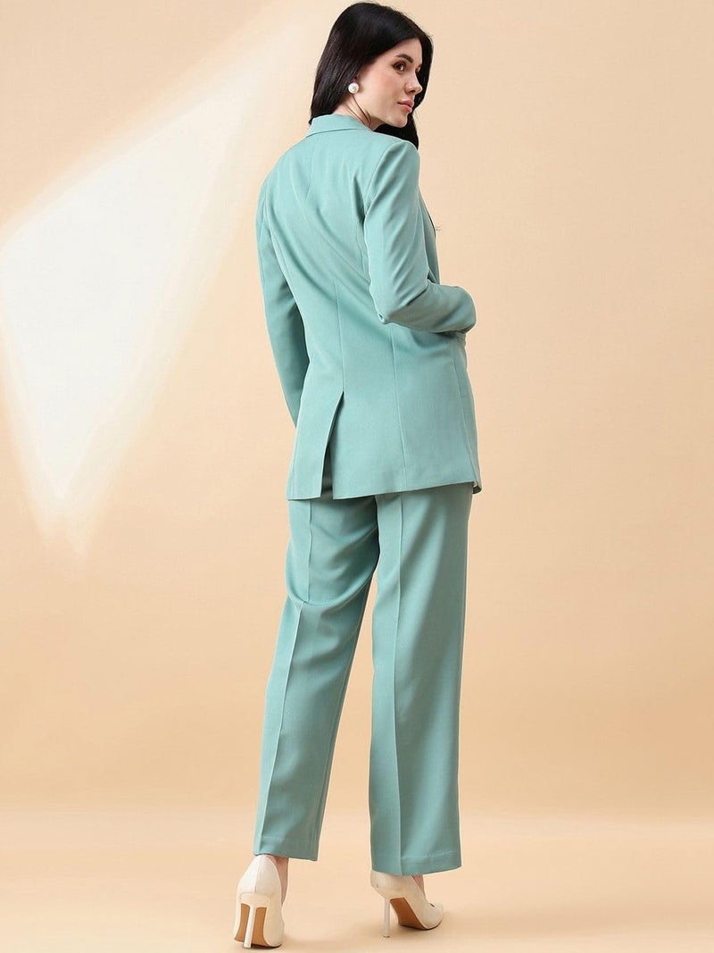 Powersutra Women's Sage Green Notch Collar Stretch Suit with Blazer & Trousers | Single-Breasted | Button Closure | Elastic Waist Pants - Image 4