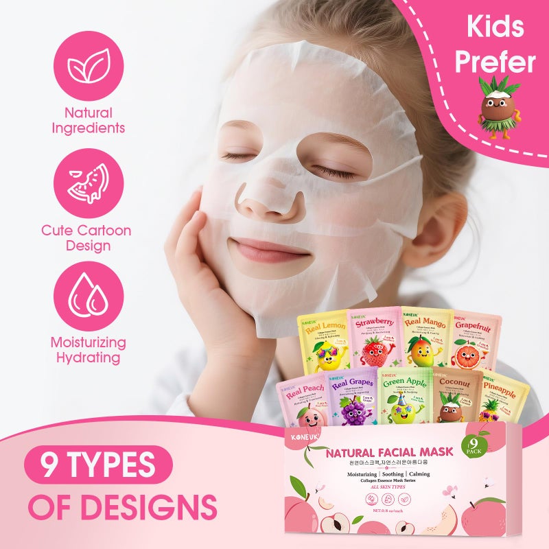 KONEUK 9 Pack Fruit Face Masks Skincare for Kids, Bulk Collagen Face Mask for Teens Women, Skin Care for Kids, Easter Basket Stuffers, Spa Birthday Party Supplies and Gifts for Girls - Image 3