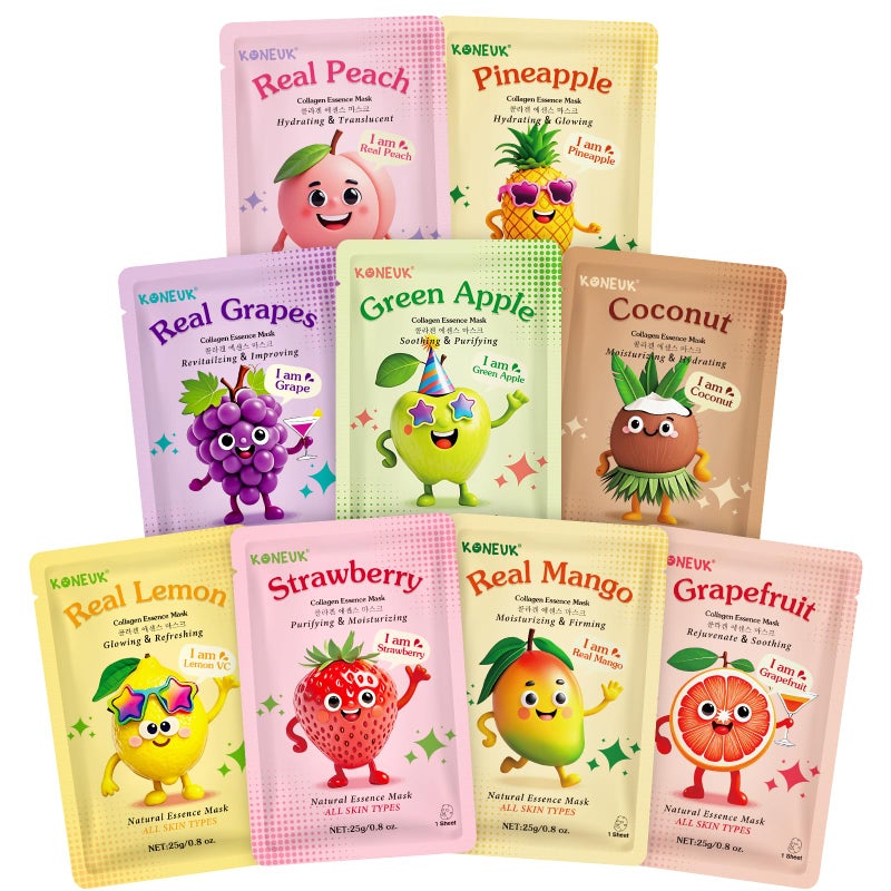 KONEUK 9 Pack Fruit Face Masks Skincare for Kids, Bulk Collagen Face Mask for Teens Women, Skin Care for Kids, Easter Basket Stuffers, Spa Birthday Party Supplies and Gifts for Girls - Image 1