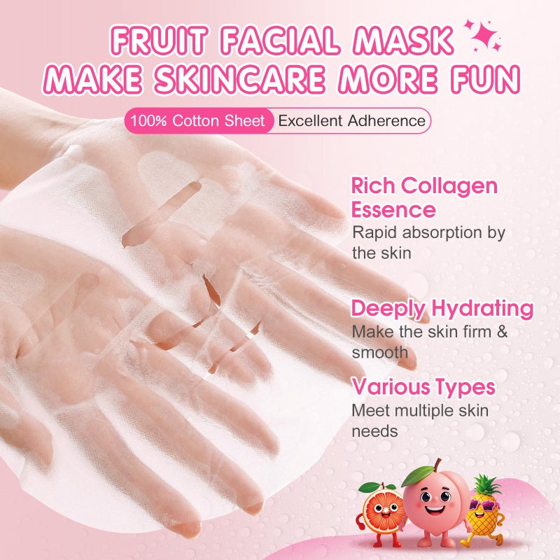KONEUK 9 Pack Fruit Face Masks Skincare for Kids, Bulk Collagen Face Mask for Teens Women, Skin Care for Kids, Easter Basket Stuffers, Spa Birthday Party Supplies and Gifts for Girls - Image 2