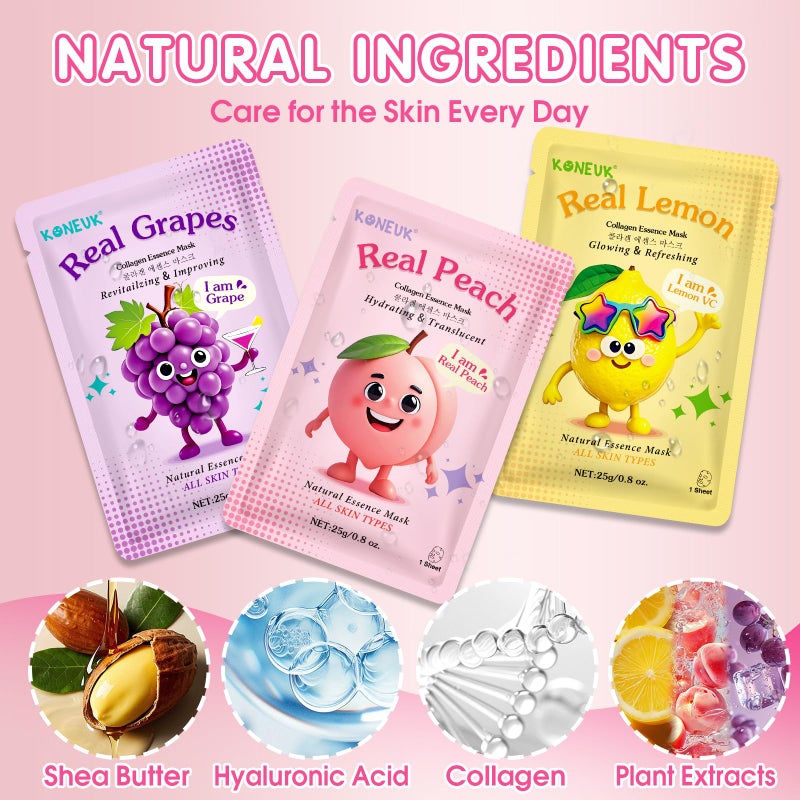 KONEUK 9 Pack Fruit Face Masks Skincare for Kids, Bulk Collagen Face Mask for Teens Women, Skin Care for Kids, Easter Basket Stuffers, Spa Birthday Party Supplies and Gifts for Girls - Image 4