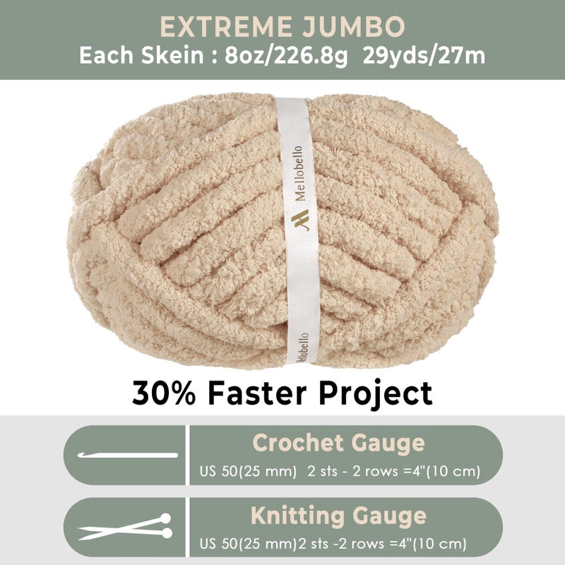 Mellobello Jumbo Chunky Yarn for Hand Knitting - Super Thick Chenille Chunky Yarn for Crocheting - Extra Soft Bulky Fluffy Blanket Big Yarn 8 Jumbo Pack (27yds,8 oz Each Skein) Khaki - Image 4