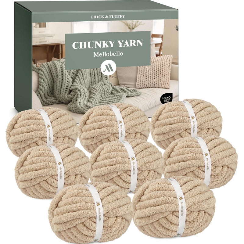 Mellobello Jumbo Chunky Yarn for Hand Knitting - Super Thick Chenille Chunky Yarn for Crocheting - Extra Soft Bulky Fluffy Blanket Big Yarn 8 Jumbo Pack (27yds,8 oz Each Skein) Khaki - Image 1