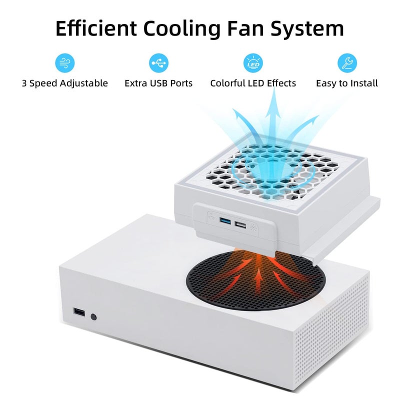 Mcbazel Cooling Fan for Xbox Series S, RGB LED Display, Low Noise, 2 Extra USB Ports, 3 Level Adjustable Speed External Cooler Fan for Xbox Series S Console Only - White - Image 4