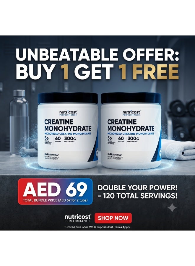 Nutricost Micronized Creatine Monohydrate Powder - Buy 1 Get 1 Free (Unflavored, 2x 300g, 120 Total Servings) - Image 1