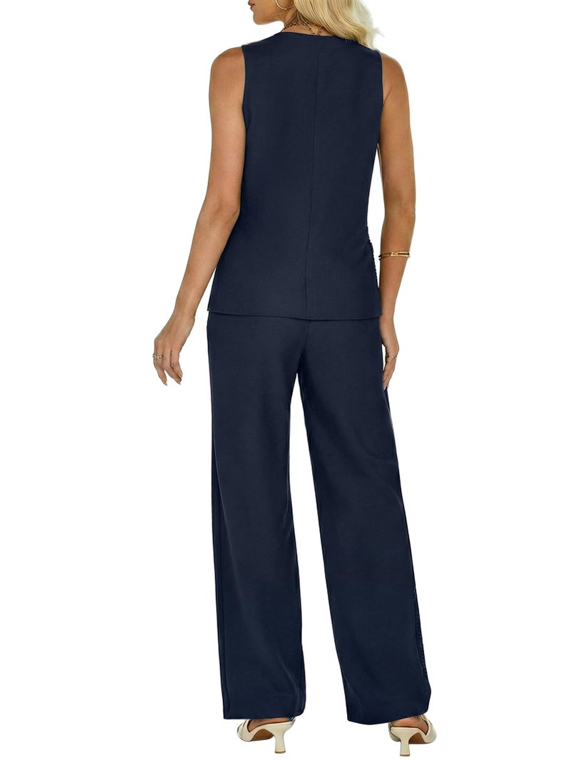 Funlingo 2 Piece Sets for Women Dressy Business Casual Outfits Sleeveless Blazer Vest Long Pantsuit Spring Wedding Old Money Clothes Navy Blue S - Image 2