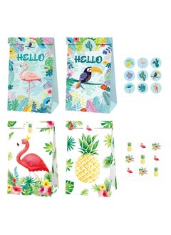 Excefore 12Pcs Tropical Hawaiian Party Bags Flamingo Paper Gift Bags with 18Pcs Stickers Party Favor Bags Summer Goodie Candy Bags for Kids Adults Treat Bags Party Supplies for Birthday Wedding Baby Shower  - Image 1