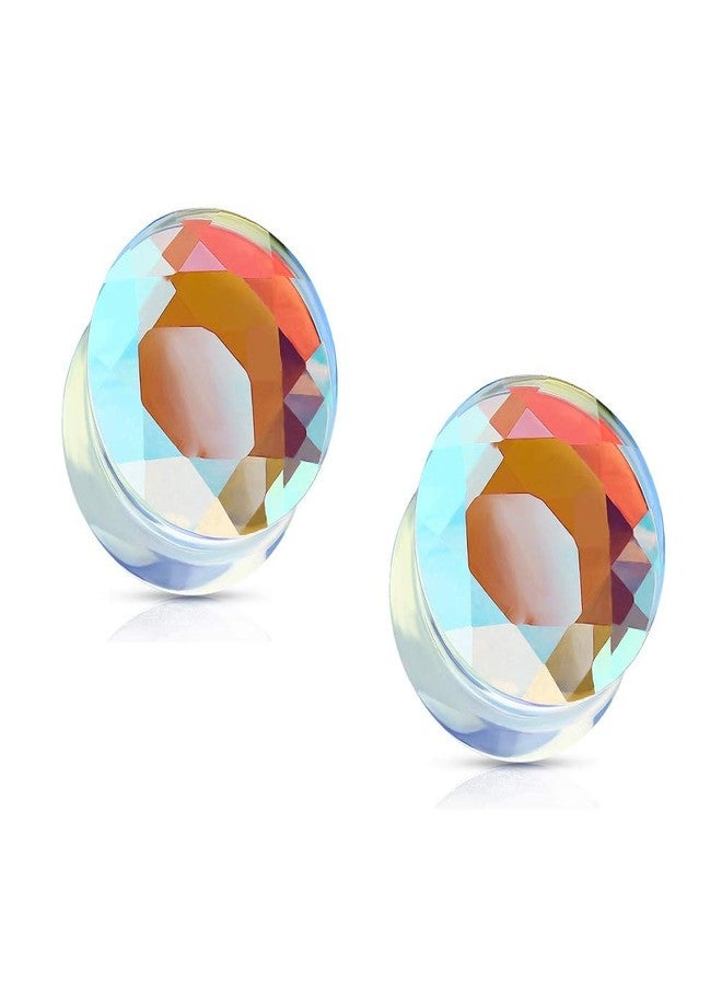 Pierced Owl Iridescent Glass Faceted Double Flared Saddle Plug Gauges, Sold as a Pair (10mm (00GA)) - Image 1