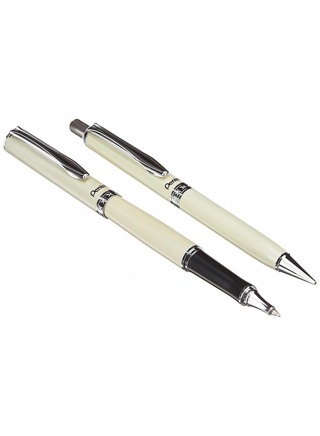 Pentel مجموعة أقلام جيل وبنسل بينتل ليبريتو مع علبة هدايا، قلم 0.7 مم وبنسل 0.5 مم، أسطوانات كريمية (K6A8W-A) - Image 1