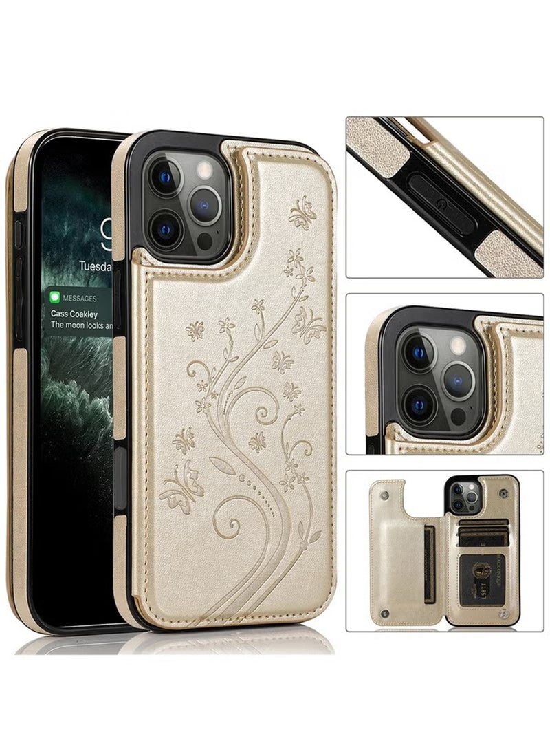 X-level - Wallet Case for iPhone 16 Pro Max,Slim Protective Cover with Card Holder,Embossed Butterfly Premium PU Leather Case Cover for iPhone 16 Pro Max(6.9")-Gold - Image 1