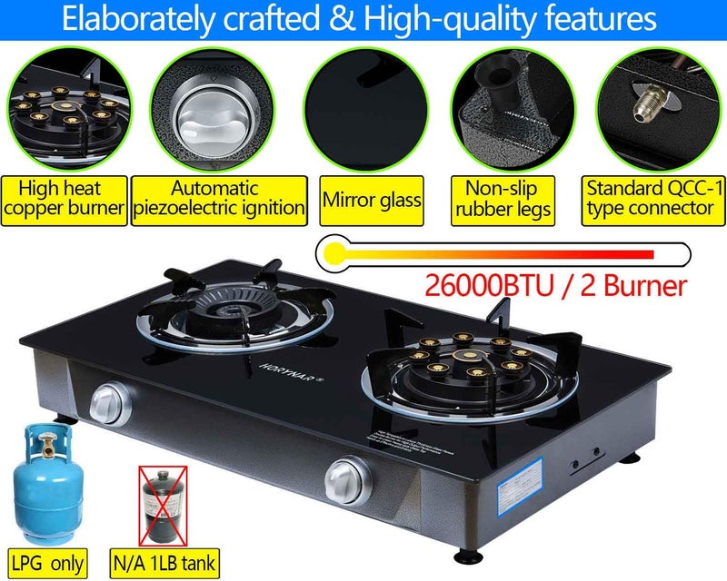 Horynar Propane Stove 2 Burner Gas Stove Novel 9 Copper Propane Burners Auto Ignition Tempered Glass with LPG CSA Hose for Outdoor Cooking,Emergency - Image 5