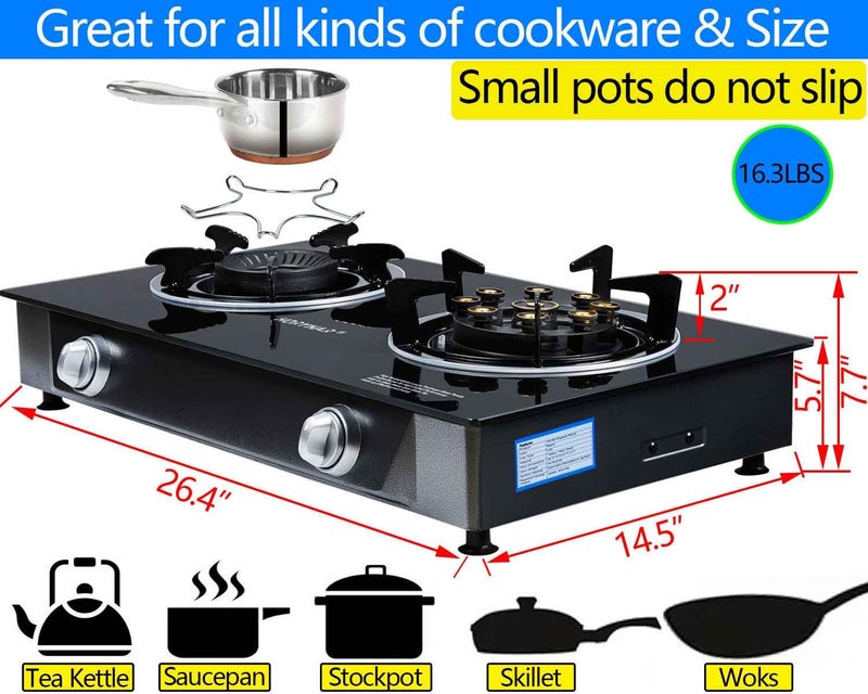 Horynar Propane Stove 2 Burner Gas Stove Novel 9 Copper Propane Burners Auto Ignition Tempered Glass with LPG CSA Hose for Outdoor Cooking,Emergency - Image 4