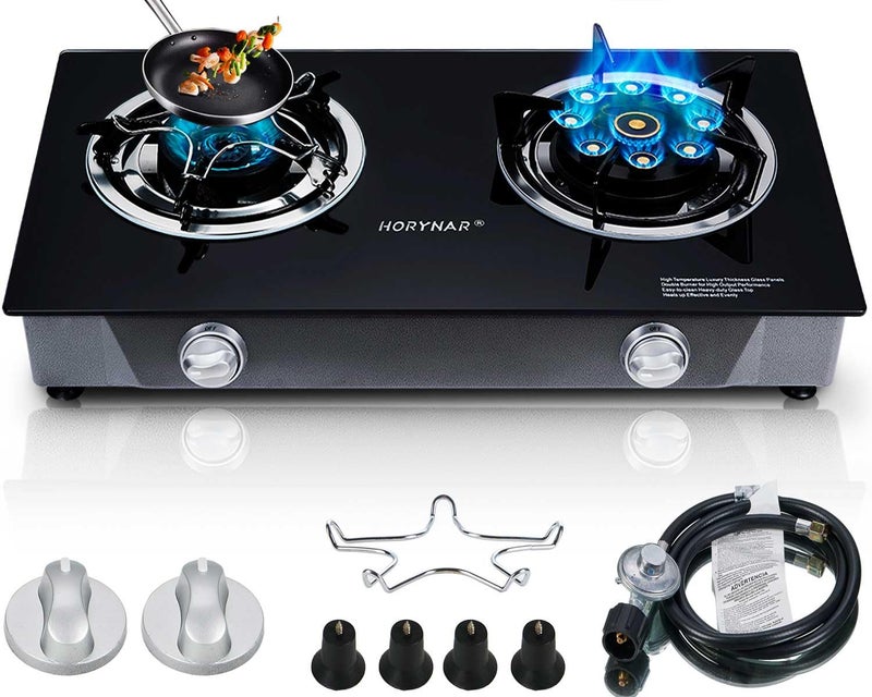 Horynar Propane Stove 2 Burner Gas Stove Novel 9 Copper Propane Burners Auto Ignition Tempered Glass with LPG CSA Hose for Outdoor Cooking,Emergency - Image 1