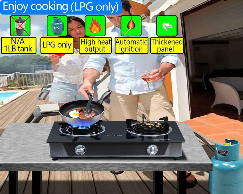 Horynar Propane Stove 2 Burner Gas Stove Novel 9 Copper Propane Burners Auto Ignition Tempered Glass with LPG CSA Hose for Outdoor Cooking,Emergency - Image 3