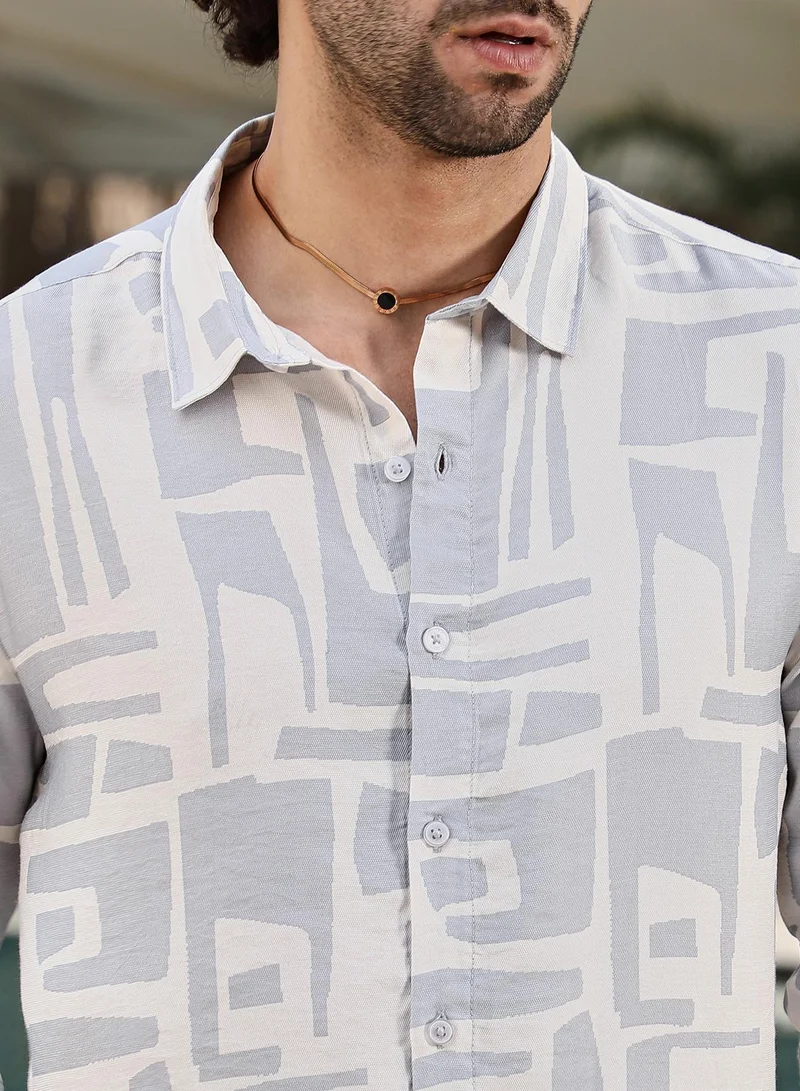 Campus Sutra Men's Coin Grey & Daisy White Abstract-Deco Regular Shirt