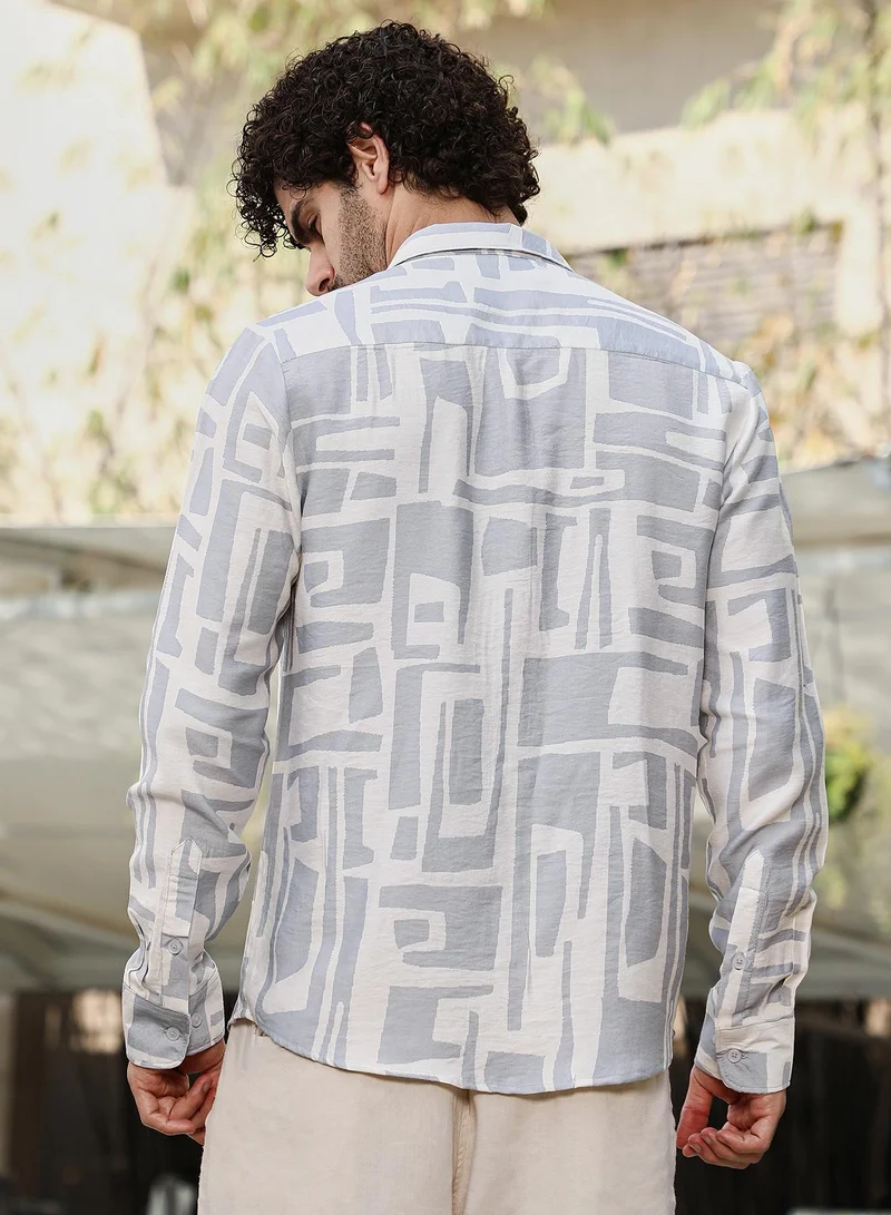 Campus Sutra Men's Coin Grey & Daisy White Abstract-Deco Regular Shirt