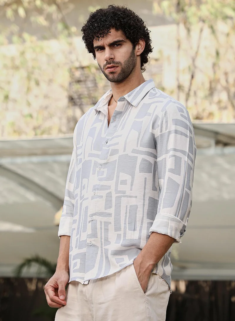 Campus Sutra Men's Coin Grey & Daisy White Abstract-Deco Regular Shirt