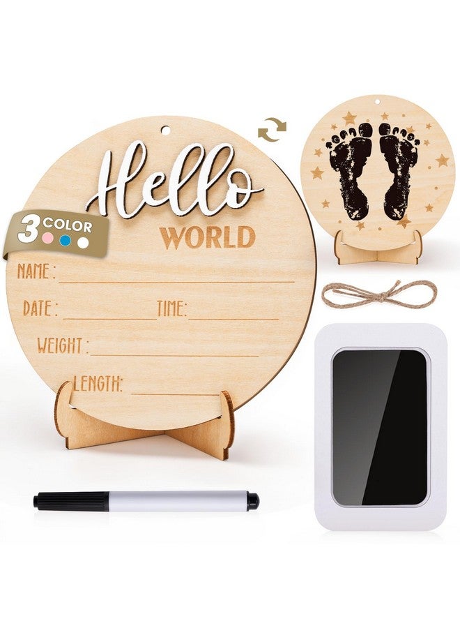 Giftacity Hello World Sign for Baby Announcement: Gender-Neutral Wooden Welcome Newborn Signs for Hospital with Footprint - Baby Birth Round Board for New Boy and Girl - Image 1