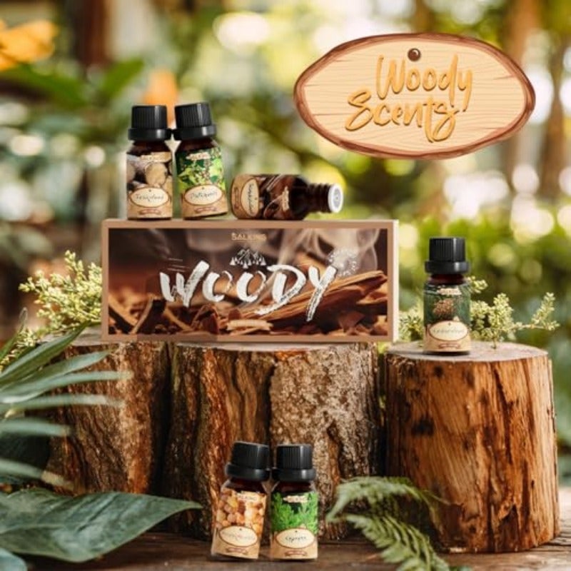 SALKING Woody Essential Oils Set 100 Pure Fragrance Oil Aromatherapy Gift Set Premium Scented Oils for Oil Diffusers 6 x 10 ML - Frankincense Teakwood Sandalwood Cypress Cedarwood Patchouli Natural fragrance oils for diffuser soap candles Frankincense cedar wood sandalwood teak wood cypress patchouli - Image 2