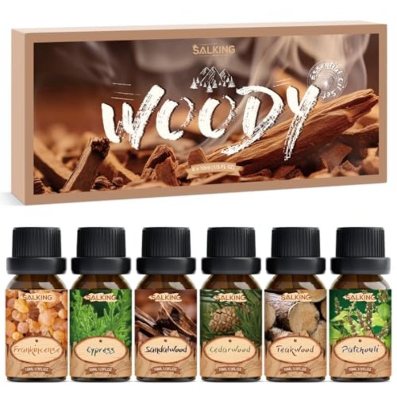 SALKING Woody Essential Oils Set 100 Pure Fragrance Oil Aromatherapy Gift Set Premium Scented Oils for Oil Diffusers 6 x 10 ML - Frankincense Teakwood Sandalwood Cypress Cedarwood Patchouli Natural fragrance oils for diffuser soap candles Frankincense cedar wood sandalwood teak wood cypress patchouli - Image 1