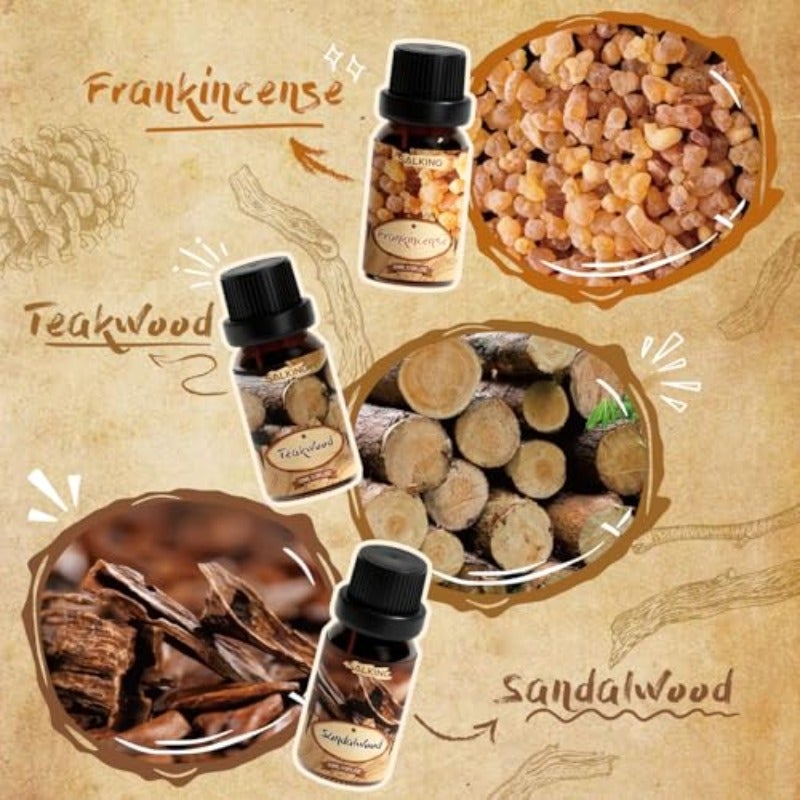 SALKING Woody Essential Oils Set 100 Pure Fragrance Oil Aromatherapy Gift Set Premium Scented Oils for Oil Diffusers 6 x 10 ML - Frankincense Teakwood Sandalwood Cypress Cedarwood Patchouli Natural fragrance oils for diffuser soap candles Frankincense cedar wood sandalwood teak wood cypress patchouli - Image 3