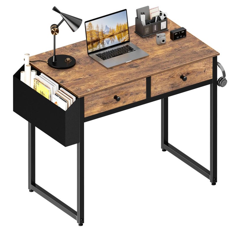 Lufeiya Small Computer Desk with 2 Drawers for Bedroom, 31 Inch Home Office Desk with Storage Fabric Drawer and Bag, Study Writing Table for Small Spaces, Rustic Brown - Image 1