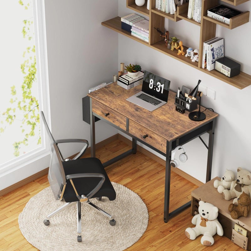 Lufeiya Small Computer Desk with 2 Drawers for Bedroom, 31 Inch Home Office Desk with Storage Fabric Drawer and Bag, Study Writing Table for Small Spaces, Rustic Brown - Image 2