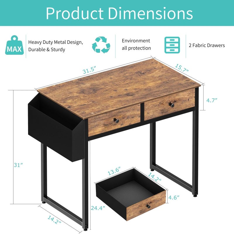 Lufeiya Small Computer Desk with 2 Drawers for Bedroom, 31 Inch Home Office Desk with Storage Fabric Drawer and Bag, Study Writing Table for Small Spaces, Rustic Brown - Image 3