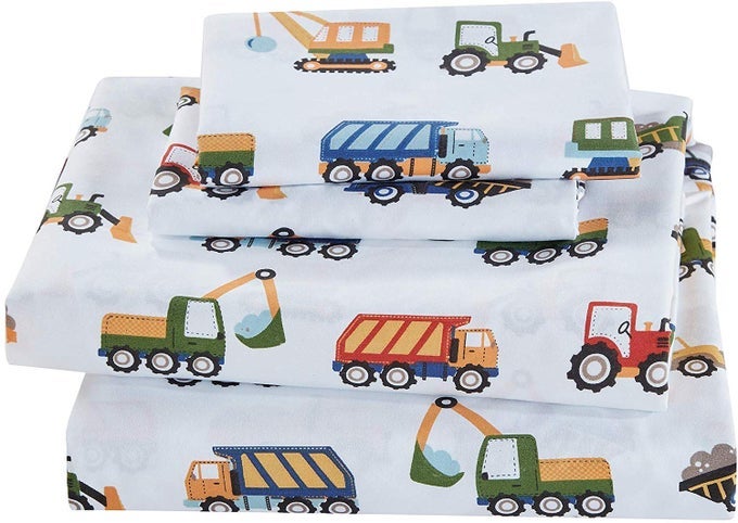 CONSTRUCTION EXCAVATORS DUMPING TRUCKS TRACTORS LIGHT BLUE RED YELLOW DARK BLUE SHEET SET FOR BOYSTEENS BEDROOM NEW TWIN