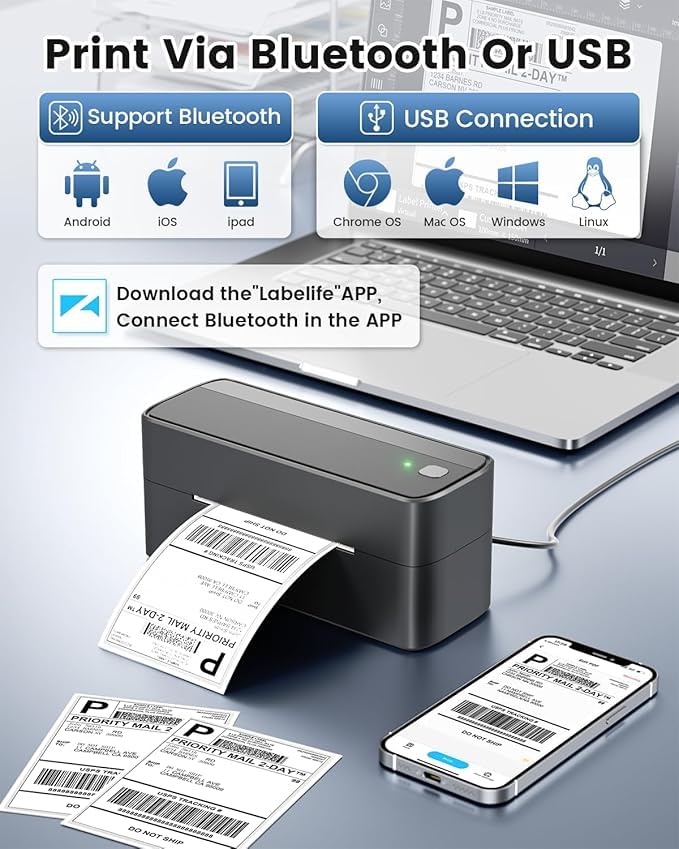 tooth Thermal Label Printer, 241BT 4X6 Wireless Shipping Label Maker for Small Business, Label Printer for Shipping Packages, Compatible with iPhone, Android, Amazon, Shopify, UPSP