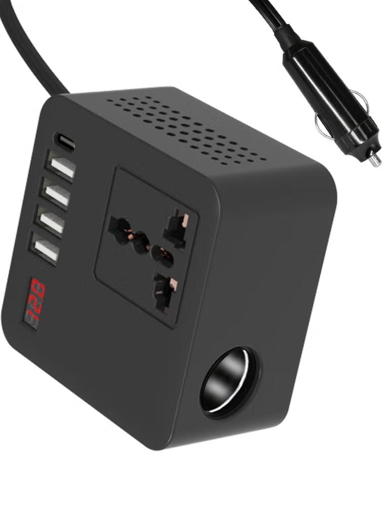 شاحن سيارة سريع بقدرة 150 واط، متوافق مع سيارات 12 فولت و24 فولت، مزود بـ 4 منافذ USB ومنفذ Type-C بتقنية PD، ومقبس عالمي 220 فولت. - Image 1