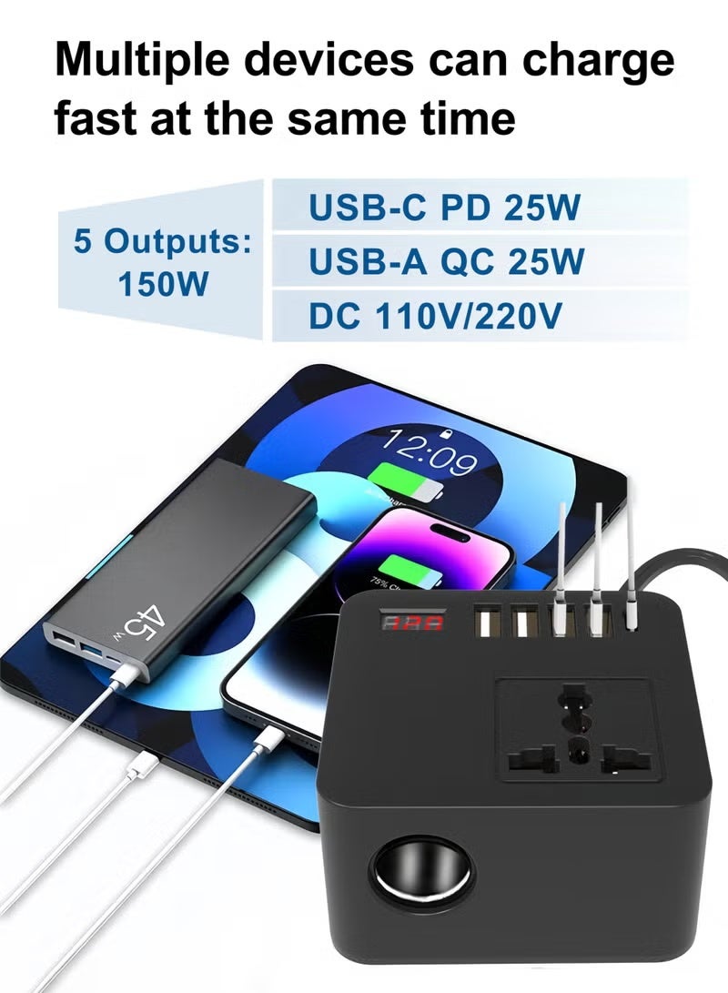 شاحن سيارة سريع بقدرة 150 واط، متوافق مع سيارات 12 فولت و24 فولت، مزود بـ 4 منافذ USB ومنفذ Type-C بتقنية PD، ومقبس عالمي 220 فولت. - Image 5