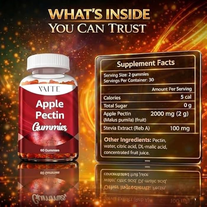 VAITE Apple Pectin Gummies - High-Fiber Supplement with 2000mg Natural Cholesterol Lower Support, Promotes Digestive Wellness & Stomach Comfort, Non-GMO & Gluten Free Herbal Supplements - 60 Vegan Gummy - Image 3