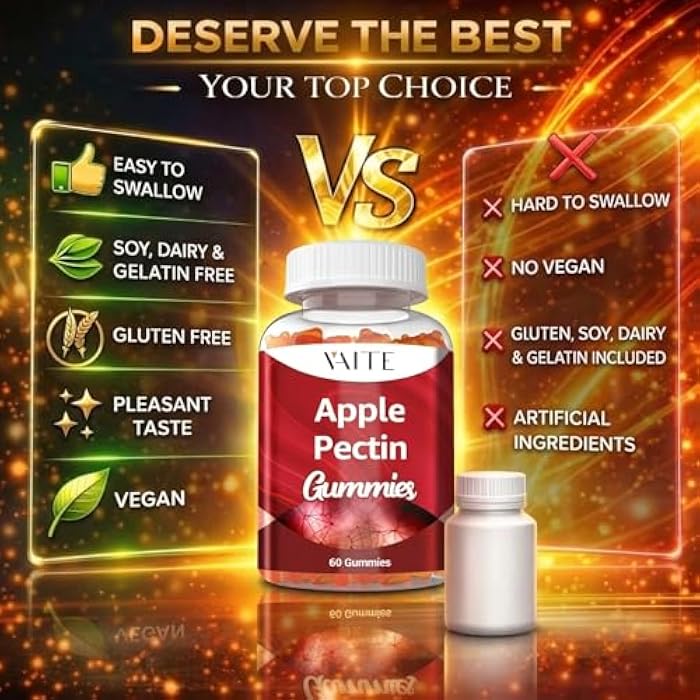 VAITE Apple Pectin Gummies - High-Fiber Supplement with 2000mg Natural Cholesterol Lower Support, Promotes Digestive Wellness & Stomach Comfort, Non-GMO & Gluten Free Herbal Supplements - 60 Vegan Gummy - Image 5